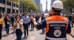 crowd-on-street-during-evacuation-drill-guided-by-a-civil-protection-officer-with-a-megaphone