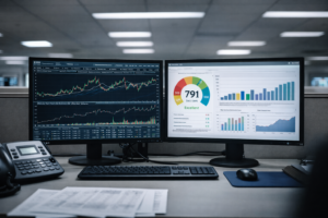 Oficina bancaria con monitores y gráficas